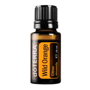 Flasche mit ätherischem Wildorange-Öl von doTERRA, braun mit orangefarbenem Etikett.