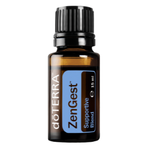 Flasche mit ätherischem Öl "ZenGest" von doTERRA. Dunkles Glas, blaue Etikett.